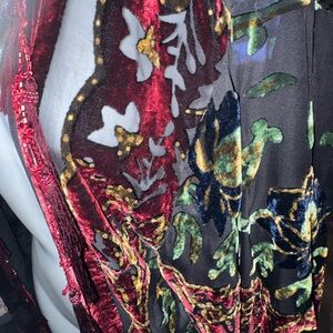 R&K Evening kimono silk velvet burn out with Sheer floral Green and Brown Floral